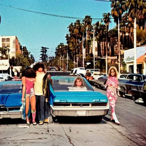 Prompt: a street in los angeles with 2 kissing hippy's in 1 9 7 0. 7 0's color