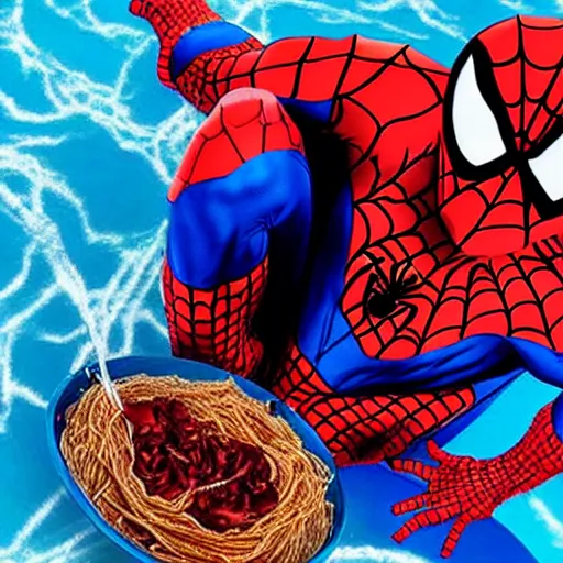 Image similar to spiderman swimming in a pool filled with spaghetti