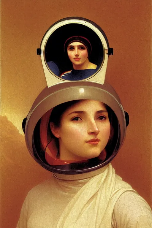 Image similar to portrait of women in astronaut helmets an ancient human species, single person, by bouguereau