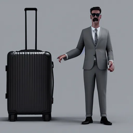 Prompt: 3D render of a donkey character wearing a suit and cool sunglasses next to a travel suitcase, gray background, amazing detail, artstation, octane render, 8k resolution, ray tracing