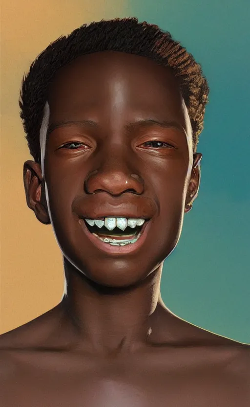 Image similar to colourful upper half portrait of an african boy with sliver teeth grillz, art by hsiao - ron cheng & alphonse mucha, highly detailed, digital painting, ray tracing, concept art, illustration, smooth sharp focus, intricate, symmetry, artstation,