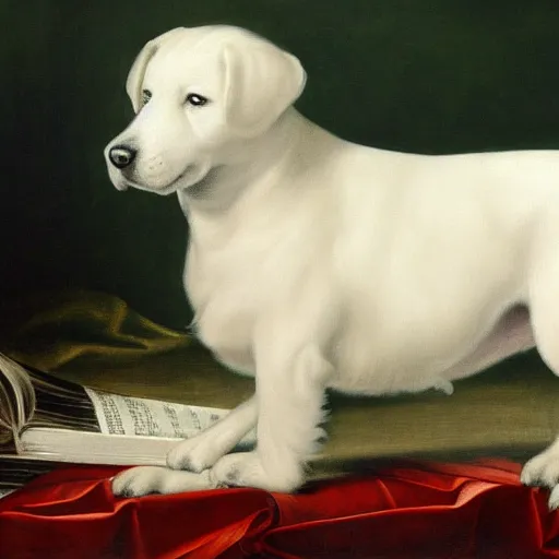 Image similar to renaissance painting of a white dog with big black spots sitting for a portrait