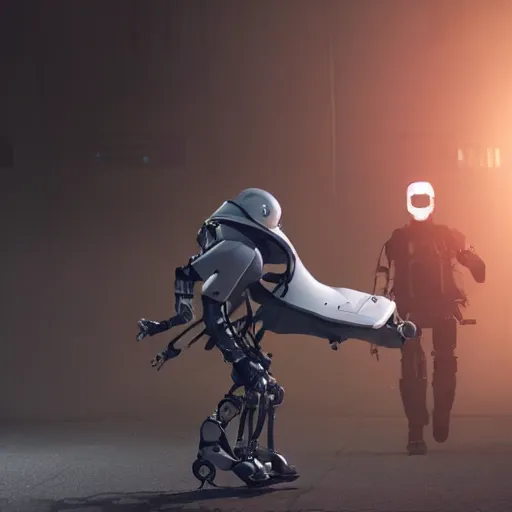 Image similar to a robot carries a wounded human away from an explosion, dramatic lighting