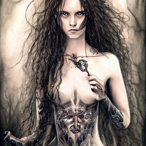 Image similar to dressed Hermione in tattoos conjuring with a magic wand, by luis royo, beautiful gown, beautiful eyes, Beautiful face, by Aggi Erguna, high detail, high resolution, art from harry potter