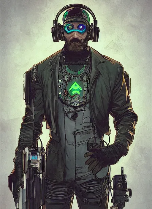 Image similar to cyberpunk pawnshop owner. portrait by ashley wood and alphonse mucha and laurie greasley and josan gonzalez and james gurney. splinter cell, apex legends, rb 6 s, hl 2, d & d, cyberpunk 2 0 7 7. realistic face. character clothing. vivid color. dystopian setting.