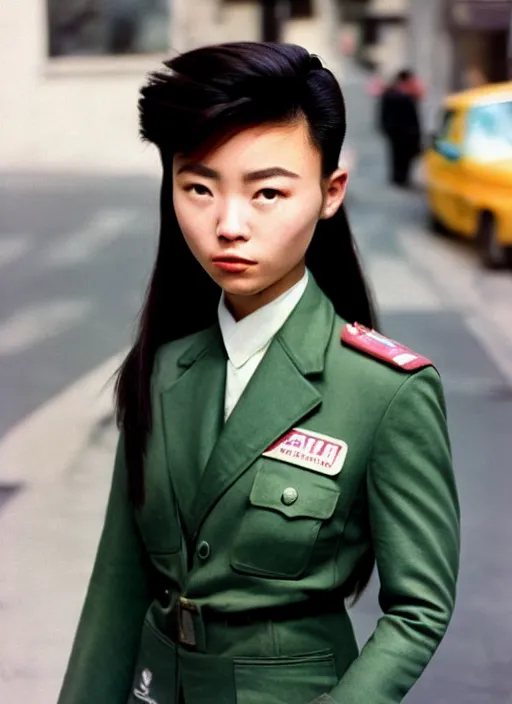 Prompt: ektachrome, 3 5 mm, highly detailed : incredibly realistic, beautiful portrait photo in style of 1 9 9 0 s frontiers in flight suit cosplay paris street photography, youthful asian demure, perfect features, cool haircut, athletic agency model, vogue fashion edition