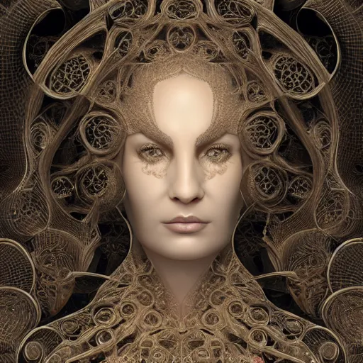Image similar to beatifull frontal face portrait of a woman, mandelbrot fractal, intricate, elegant, highly detailed, ornate, ornament, sculpture, elegant , luxury, beautifully lit, ray trace, octane render in the style of Gerald Brom and peter Gric