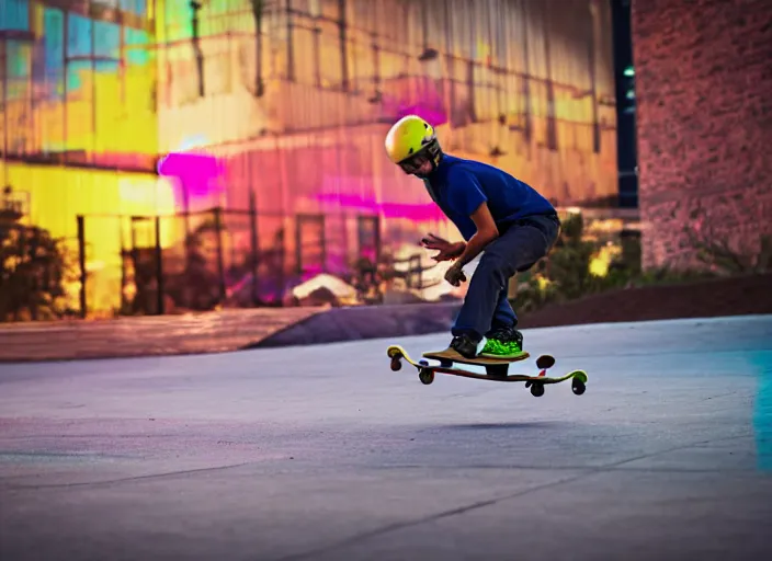 Prompt: photo still of a skateboarder performing a mute air grab, showing close up of brightly colored skate deck, 8 k, bright ambient lighting key light, 8 5 mm f 1. 8