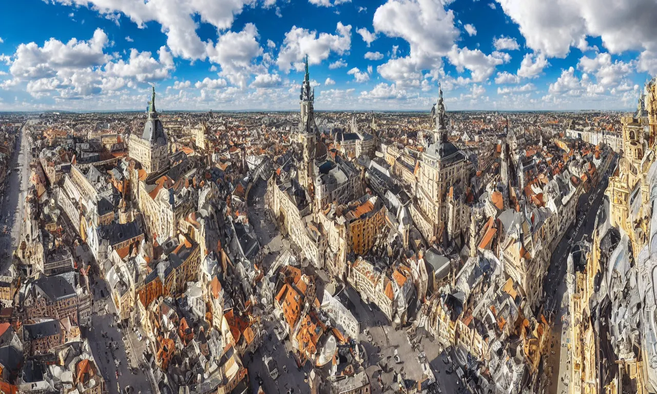 Prompt: highly detailed, intricate stunning image of an ornate baroque city landscape poking through the clouds into the bright blue sky : : 6, looking down from a balcony high up a tower : : 1 0, surrounded by higer baroque castle towers