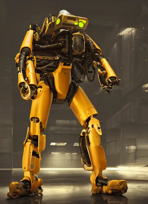 Prompt: a photorealistic dramatic hyperrealistic render of a futuristic exosuit power loader heavy machinery, ultra realistic details, glossy yellow by vitaly bulgarov and mike nash, beautiful dramatic dark moody tones and lighting, cinematic atmosphere, studio lighting, shadows, dark background, octane render, 8 k