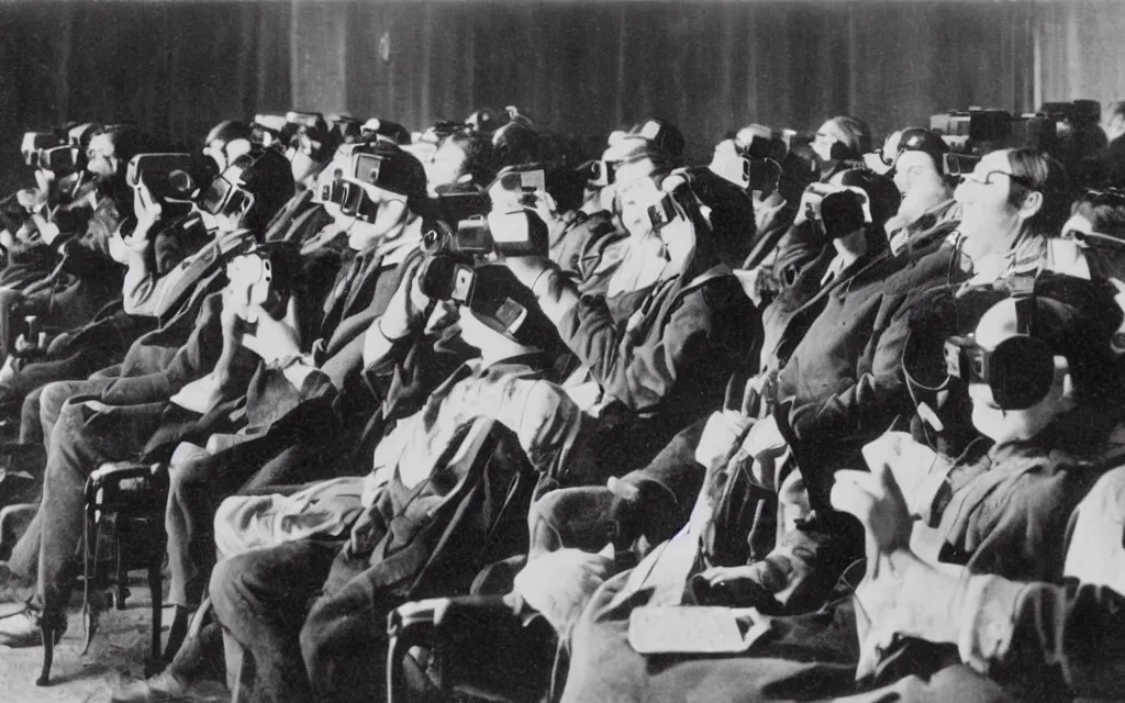 Image similar to 1 9 0 0 s photo of people using iphones ipods virtual reality headsets vr watching hd tv in a movie theater intravenous tube in their arms