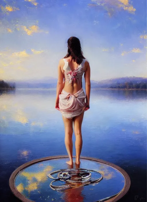 Prompt: first person perspective of a woman looking at her hands full of rings, the woman is reflected in the water of a lake. by daniel f. gerhartz, hyperrealistic oil painting, 4 k, studio lightning, very detailed, rtx on