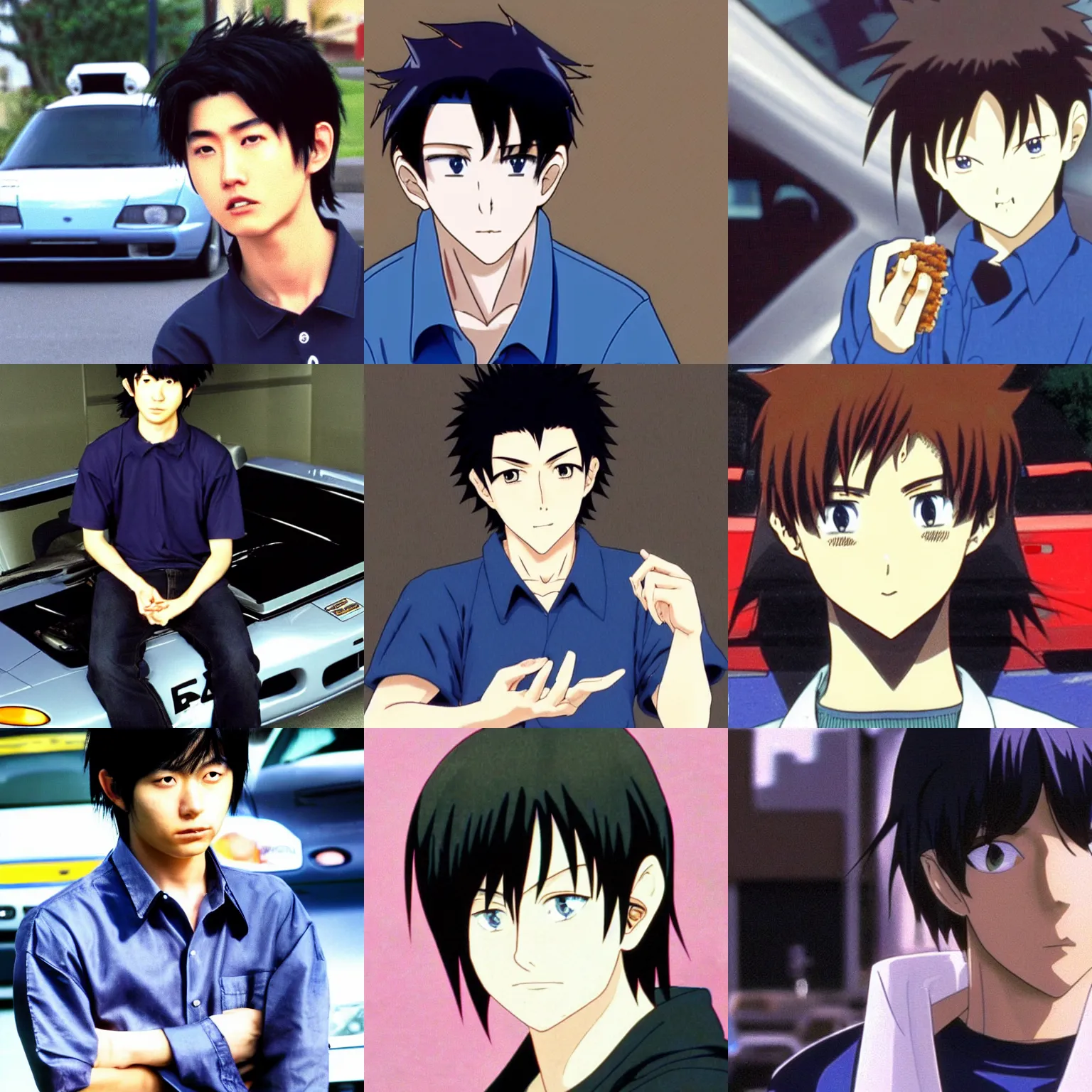 Prompt: very serious ryosuke takahashi with black hair wearing a dark blue shirt eating a cheeseburger standing near his white mazda rx 7, initial d anime screenshot, initial d anime 1 0 8 0 p, detailed anime face, 1 9 9 8's anime, high detail, 9 0 s anime aesthetic