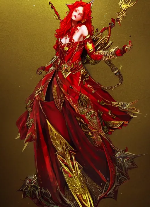 Image similar to Full body portrait of a beautiful red haired elven queen wearing red, green and gold ceremonial queen dress and elaborate golden crown. In style of Yoji Shinkawa and Hyung-tae Kim, trending on ArtStation, dark fantasy, great composition, concept art, highly detailed.