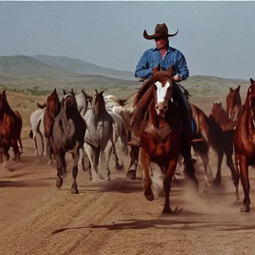 Image similar to Cowboy Christian Bale is leading the horses towards the ranch, 1980 style photography