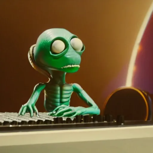 Image similar to cinematic film still of Pharrell Williams Making A Beat with an anthropomorphic alien, Japanese VFX, 2018, 400mm lens, f1.8, shallow depth of field,film photography