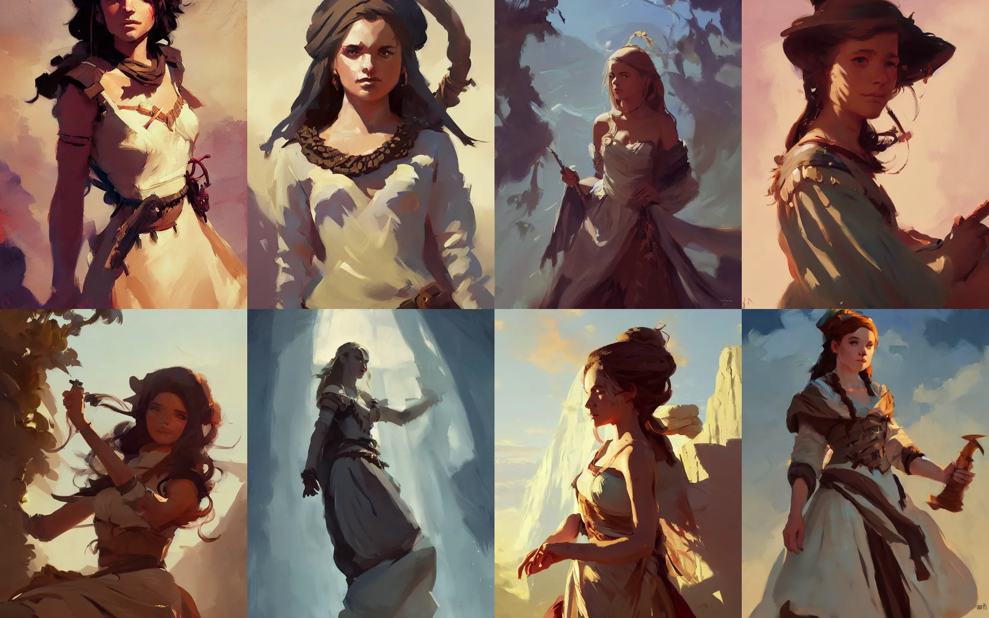 Prompt: portrait of nomad young girl in dress cloth greg manchess portrait painting of bard, d & d, fantasy, medium shot, asymmetrical, intricate, elegant, matte painting, illustration, hearthstone, by greg rutkowski, by greg tocchini, by james gilleard, by joe fenton