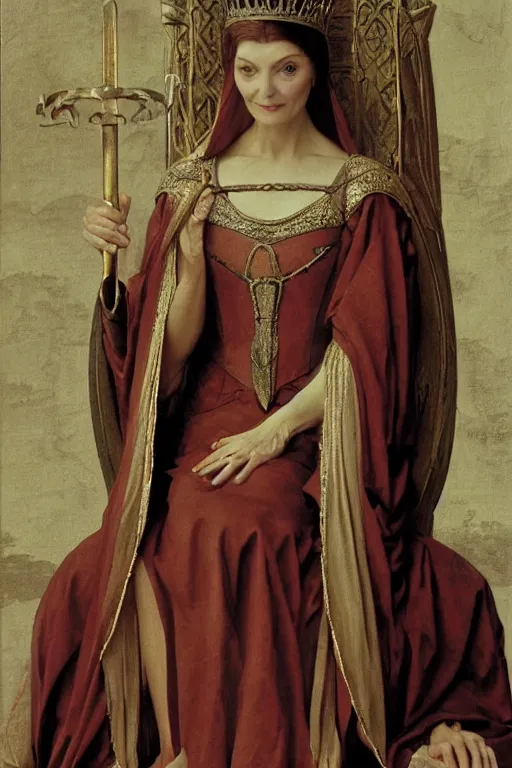Prompt: jean marsh as medieval queen, sit on throne, bouguereau