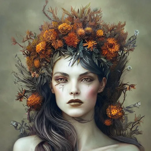 Image similar to fine art photo of the beauty goddess louisa rose allen, she has a crown of dried flowers, by peter mohrbacher