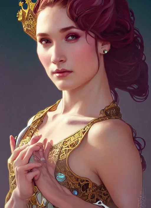 Image similar to rolyatistaylor as queen, incredibly detailed face, pretty face, light dress, true anatomy, art by artgerm and greg rutkowski and alphonse mucha