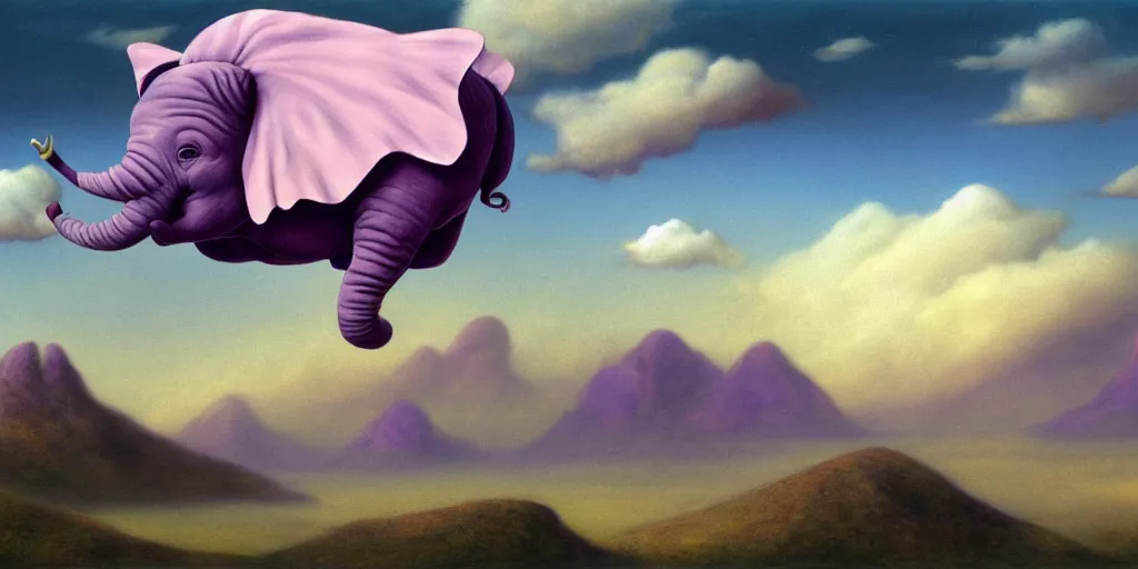 Prompt: A baby purple elephant flying in the clouds, mountains in the background, illustration, detailed, smooth, soft, warm, by Adolf Lachman, Shaun Tan, Surrealism