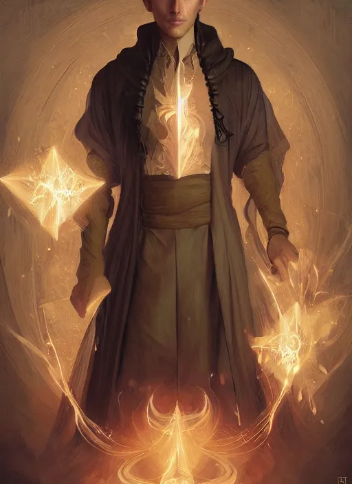 Image similar to character concept portrait of an attractive young clever Spanish wizard with pale golden skin enchanting an explosion curse, a floating iridescent spell book in the center, intricate, elegant, digital painting, concept art, smooth, sharp focus, illustration, from Metal Gear, by Ruan Jia and Mandy Jurgens and William-Adolphe Bouguereau, Artgerm