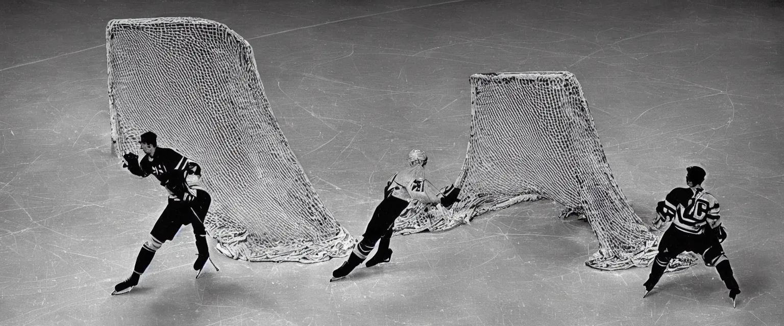 Prompt: detailed sharp photograph in the style of popular science circa 1 9 5 5 of a goalie at his net in a hockey game