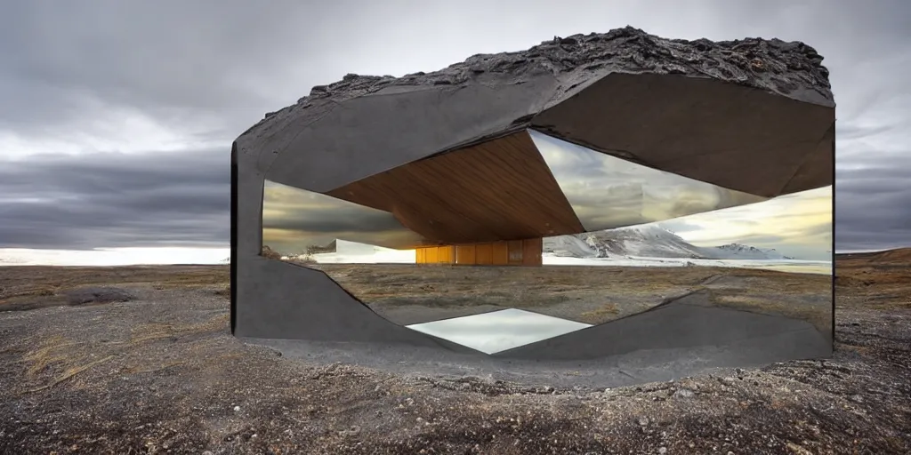 Image similar to futuristic architect house made from deconstucted ash wood and mirrors, floating, portal, iceland landscape photography, by lurie belegurschi and gunnar freyr