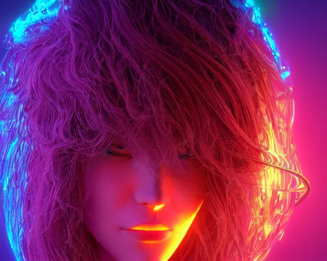 Image similar to glowing hair, complex cybernetic beings, beautiful hairy humanoids, cybermagnetosphere, cybernetic civilizations, ornate hair, love, joy, vortexes, large arrays, data holograms, 8 k, cinematic light shadows, wet hdr refractions, *, * * *, * * * * *