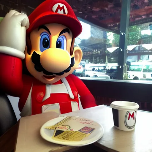 Prompt: mario sitting at star bucks.