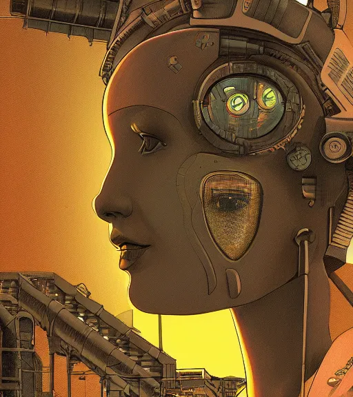 Prompt: female face on a backdrop of data, Industrial Scifi, detailed illustration, character portrait, by Martin Grip and Moebius