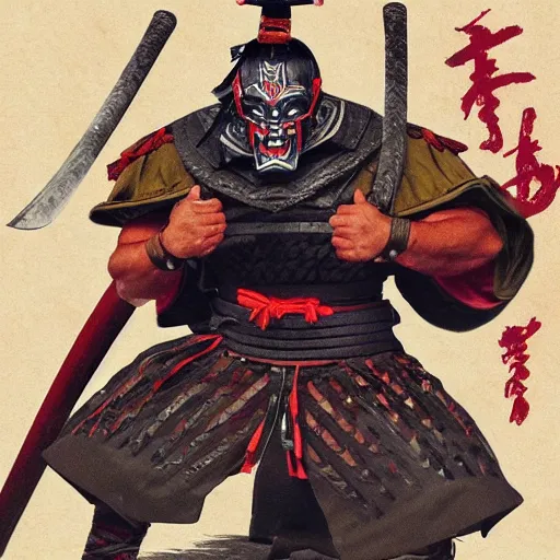 Image similar to big buff strong very buff samurai wearing an oni mask, movie still