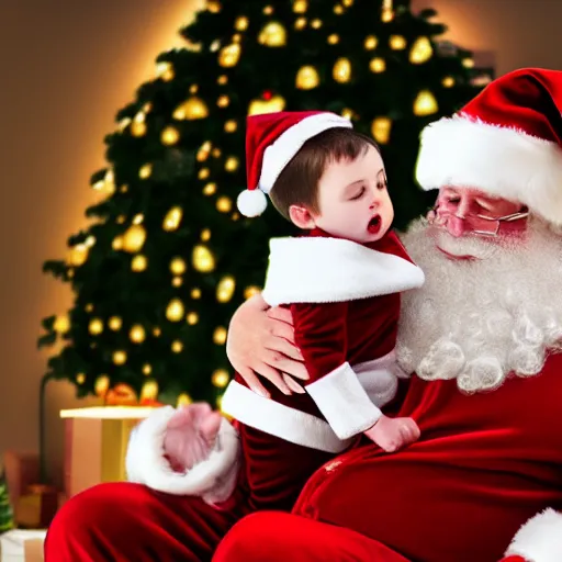 Prompt: an alcoholic wearing santa suitr crying while having a child on his lap, shopping mall, emotional, sadness, anxious, depressed, zoomed out, colorfull, photorealistic, cinematic, concept art, epic