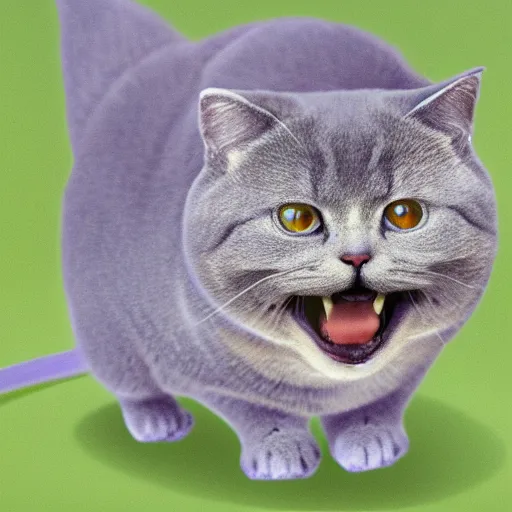 Prompt: Happy British Shorthair cat hunting a mouse, hyper realistic