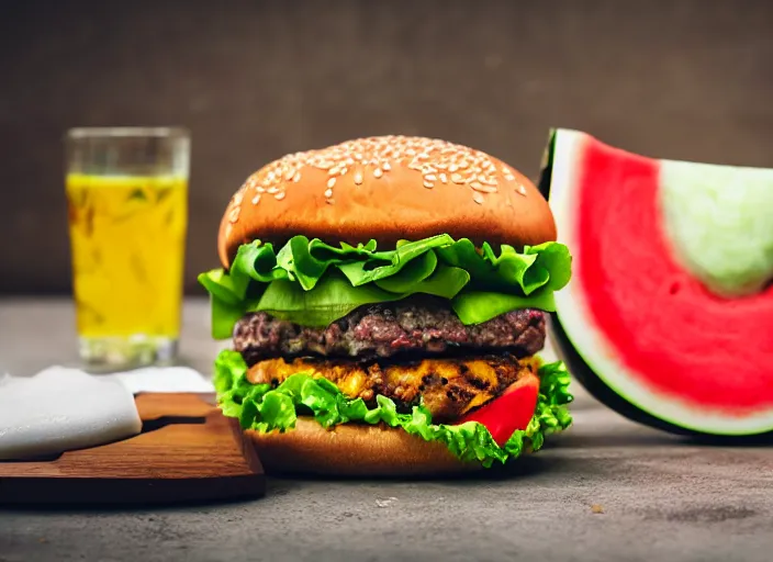 Image similar to dslr food photograph of burger with watermelon on it, 8 5 mm f 1. 8