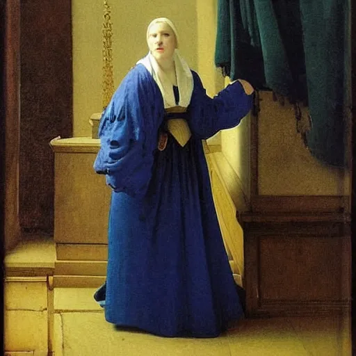 Prompt: a young woman’s face, her hair is white, she wears a cobalt blue cloak, by ivan aivazovsky and pieter claesz and paul delaroche and alma tadema and august malmstrom and and willen claesz heda and aelbert cuyp and gerard ter borch, contrapposto, hyperrealistic, volumetric light, rendered in octane, c4d