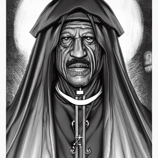 Image similar to Danny Trejo as church nun, dark fantasy, highly detailed, artstation, manga illustration by Kentaro Miura berserk