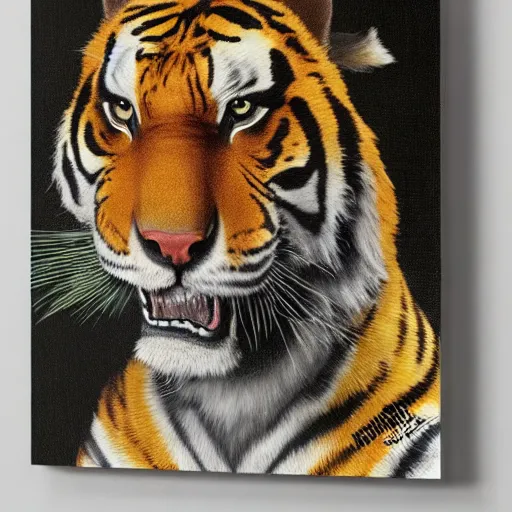 Prompt: man anthropomorphic portrait furry orange ears Mike tyson the champion camouflaged as a tiger wearing a black shirt norman rockwell robert rauschenberg nelson shanks giorgio de chirico