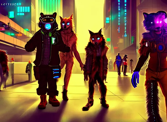 Image similar to high - resolution photograph from a cyberpunk era furry fandom convention ( midwest furfest 2 0 4 7 ), taking place after the genetic revolution and quantum singularity. photorealistic.