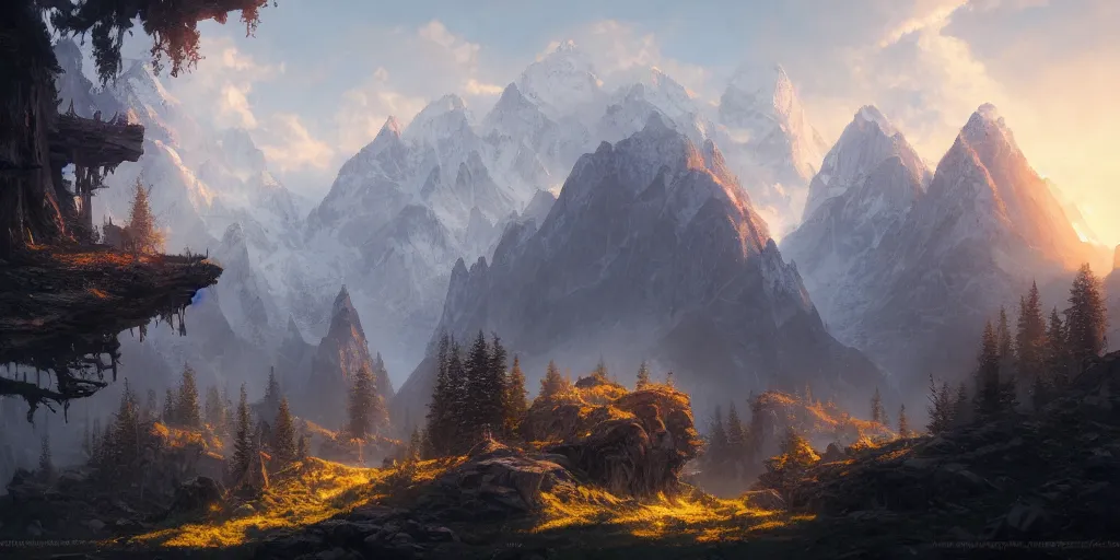 Image similar to beautiful fantasy alps landscape, godrays, magnificent, luxury, detailed, sharp focus, close up, low angle, high detail, volumetric, illustration, cold lighting, by jordan grimmer and greg rutkowski, trending on artstation, pixiv