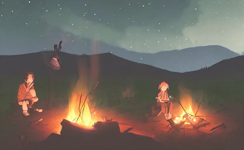 Image similar to a lonely girl roasting a marshmallow over a campfire at night on the Appalachian Trail, interesting camera angle, detailed facial features, anime scene by Makoto Shinkai, digital art, 4k