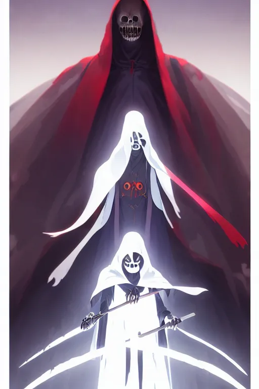 Prompt: video game cover, small grim reaper dressed with a cape surrounded by demons, mid view, design on a white background, by studio muti, greg rutkowski makoto shinkai takashi takeuchi studio ghibli