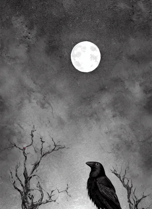 Image similar to portrait, A crow in front of the full big moon, book cover, red white and black colors, establishing shot, extremly high detail, foto realistic, cinematic lighting, pen and ink, intricate line drawings, by Yoshitaka Amano, Ruan Jia, Kentaro Miura, Artgerm, post processed, concept art, artstation, matte painting, style by eddie mendoza, raphael lacoste, alex ross