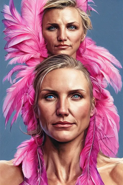 Image similar to muscled Cameron Diaz as a ruggedly handsome hero wearing pink feathers, intricate, elegant, tasteful, highly detailed, centered, digital painting, artstation, concept art, smooth, sharp focus, illustration, art by artgerm and donato giancola and Joseph Christian Leyendecker, WLOP