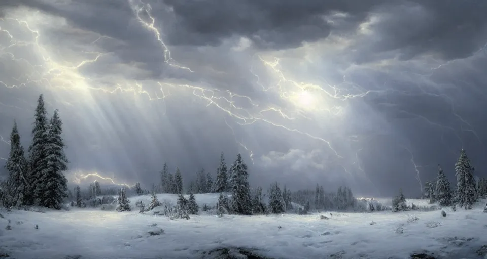 Image similar to heaven!! clouds!! god rays, snowy, windy, by eugene von guerard, ivan shishkin, night, lightning!!, storm!, dramatic lighting, concept art, trending on artstation, 8 k