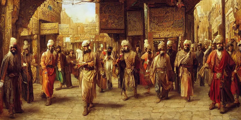 Prompt: Highly detailed and cinematic romantic period oil painting of the Persian king Cyrus the great walking through a bazaar, strong atmosphere, oil painting masterpiece by Josep Tapiró Baró, symmetry, fractals