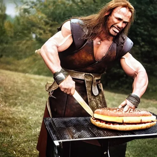 Image similar to candid photo of conan the barbarian flipping burger on a barbecue. he is wearing an apron with unicorn drawing, and a tutu. photo by annie leibovitz