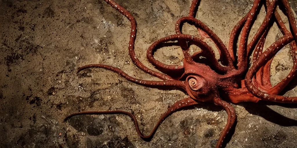 Prompt: a widescreen photo of a old rusty octopus, in a dark alley, low light, by steve mccurry