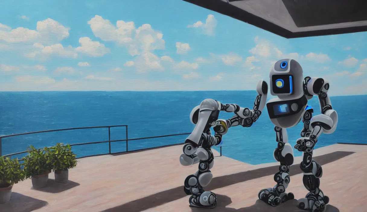 Prompt: an high resolution photo of a robot paiting a picture on a terrace over the sea, hyper detailed, photography, realistic, art, 8 k, unreal engine, cinematic, shallow focus, f 2. 8 3 5 mm, kodak film, 3 5 mm film