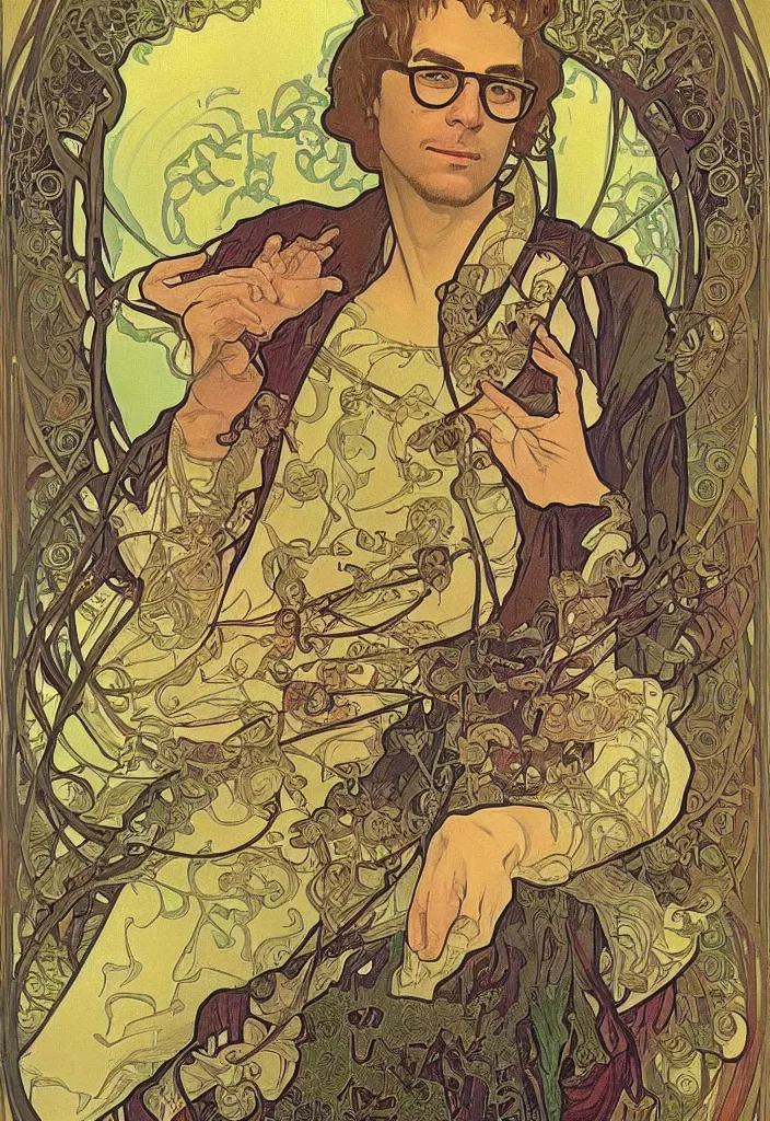 Prompt: Ian Goodfellow in glasses portrayed on a tarot card, tarot in art style by Alphonse Mucha